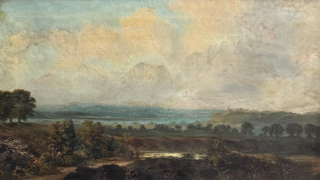 MANNER OF JOHN CONSTABLE, A 19TH CENTURY OIL ON CANVAS Figures in a landscape, framed. (sight 33.5cm: MANNER OF JOHN CONSTABLE, A 19TH CENTURY OIL ON CANVAS Figures in a landscape, framed. (sight 33.5cm x 58.5cm, frame 44cm x 69cm)