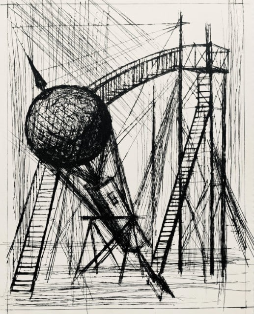 Bernard Buffet, Composition (Reinz 208-222), Voyages Fantastiques, Limited Edition Etching: Drypoint etching on papier de Rives B.F.K. pur fil paper. Paper size: 16.125 x 12.875 inches. Excellent condition. Unsigned and unnumbered, as issued. Notes: From the folio, Voyages fantastiques aux &