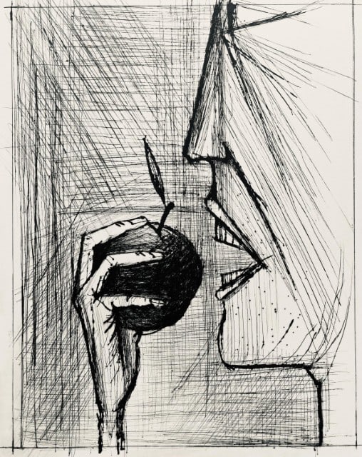 Bernard Buffet, Composition (Reinz 208-222), Voyages Fantastiques, Limited Edition Etching: Drypoint etching on papier de Rives B.F.K. pur fil paper. Paper size: 16.125 x 12.875 inches. Excellent condition. Unsigned and unnumbered, as issued. Notes: From the folio, Voyages fantastiques aux &