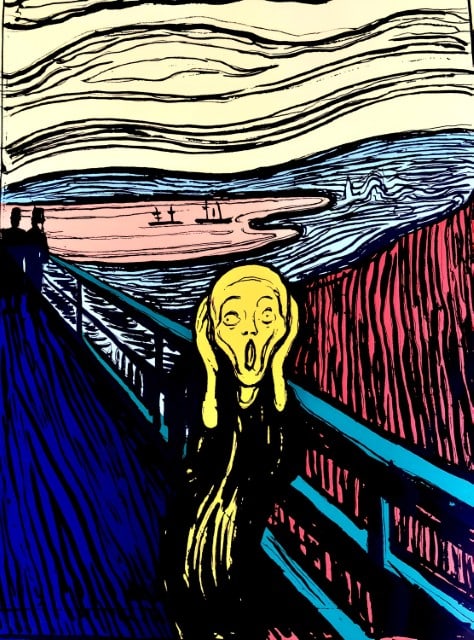 Andy Warhol, The Scream (after Edvard Munch), Orange, Official Limited Edition, Sunday B. Morning,: Official edition, Andy Warhol, Sunday B. Morning, silkscreen on museum board. Paper Size: 36.6 x 25.6 inches. Excellent condition. Inscription: Numbered in pencil, “published by Sunday B. Mornin