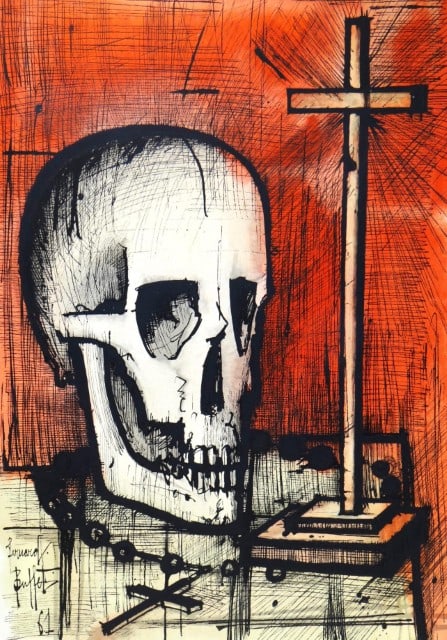 Bernard Buffet, Vanité, Vingt fables de La fontaine, Limited Edition Woodcut: Woodcut on vélin d'Arches paper. Paper size: 15 x 10.75 inches. Excellent condition. Inscription: signed in the plate and unnumbered, as issued. Notes: from the folio, Vingt fables de La fontaine, 19