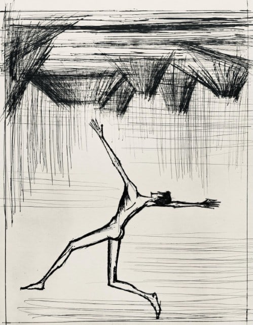 Bernard Buffet, Composition (Reinz 208-222), Voyages Fantastiques, Limited Edition Etching: Drypoint etching on papier de Rives B.F.K. pur fil paper. Paper size: 16.125 x 12.875 inches. Excellent condition. Unsigned and unnumbered, as issued. Notes: From the folio, Voyages fantastiques aux &