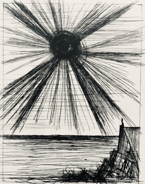 Bernard Buffet, Composition (Reinz 208-222), Voyages Fantastiques, Limited Edition Etching: Drypoint etching on papier de Rives B.F.K. pur fil paper. Paper size: 16.125 x 12.875 inches. Excellent condition. Unsigned and unnumbered, as issued. Notes: From the folio, Voyages fantastiques aux &