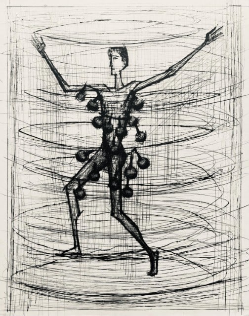 Bernard Buffet, Composition (Reinz 208-222), Voyages Fantastiques, Limited Edition Etching: Drypoint etching on papier de Rives B.F.K. pur fil paper. Paper size: 16.125 x 12.875 inches. Excellent condition. Unsigned and unnumbered, as issued. Notes: From the folio, Voyages fantastiques aux &