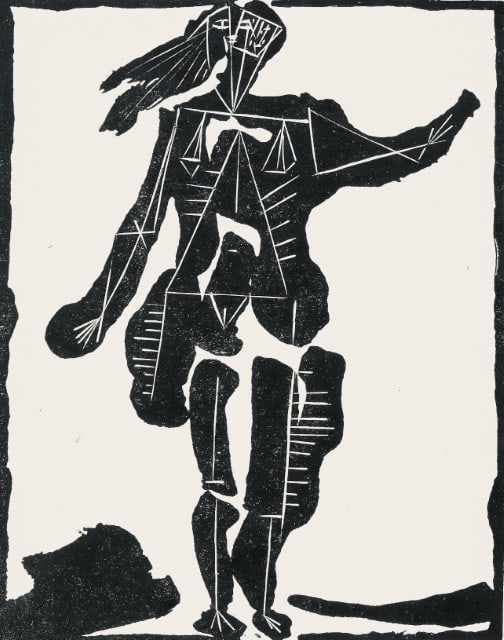 Bernard Buffet, Composition (Reinz 208-222), Voyages Fantastiques, Limited Edition Etching: Drypoint etching on papier de Rives B.F.K. pur fil paper. Paper size: 16.125 x 12.875 inches. Excellent condition. Unsigned and unnumbered, as issued. Notes: From the folio, Voyages fantastiques aux &