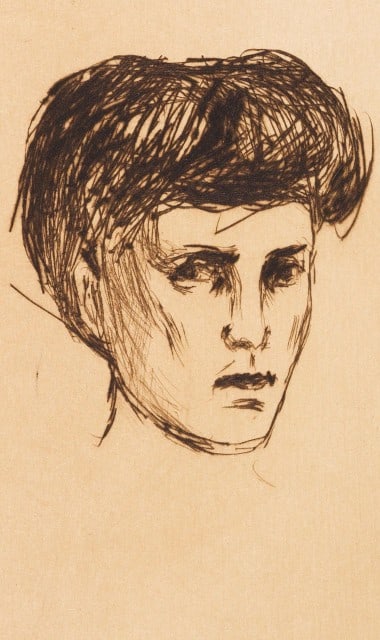 Edvard Munch, Kvinnehode (Schiefler 259; Woll 288), Limited Edition Etching: Drypoint on gewöhnlichem aber holzfreiem vélin paper. Paper size: 9.055 x 5.71 inches. Excellent condition. Unsigned and unnumbered, as issued. Notes: From the album, Verzeichnis Des graphis