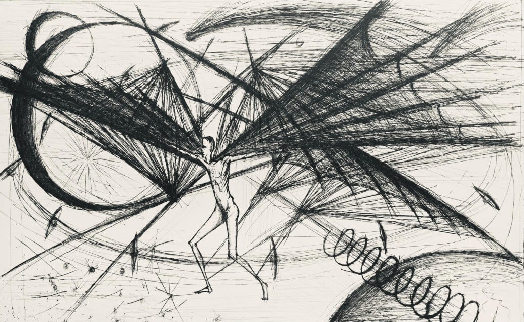 Bernard Buffet, Composition (Reinz 208-222), Voyages Fantastiques, Limited Edition Etching: Drypoint etching on papier de Rives B.F.K. pur fil paper. Paper size: 16.125 x 25.75 inches. Excellent condition, with centerfold, as issued. Unsigned and unnumbered, as issued. Notes: From the folio,