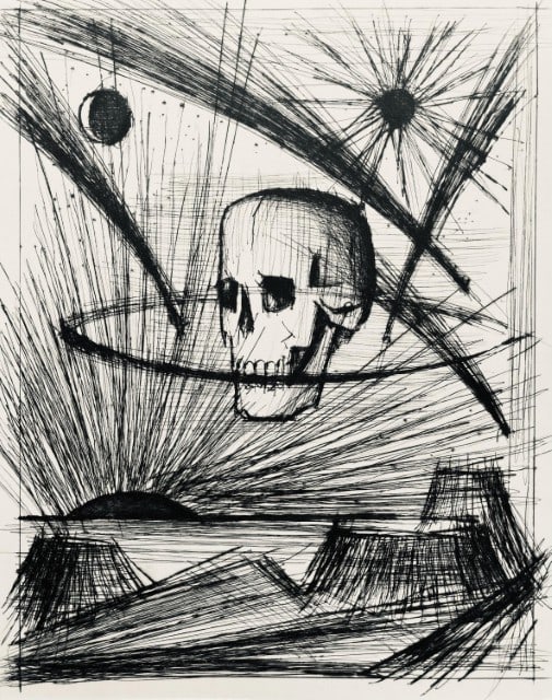 Bernard Buffet, Composition (Reinz 208-222), Voyages Fantastiques, Limited Edition Etching: Drypoint etching on papier de Rives B.F.K. pur fil paper. Paper size: 16.125 x 12.875 inches. Excellent condition. Unsigned and unnumbered, as issued. Notes: From the folio, Voyages fantastiques aux &