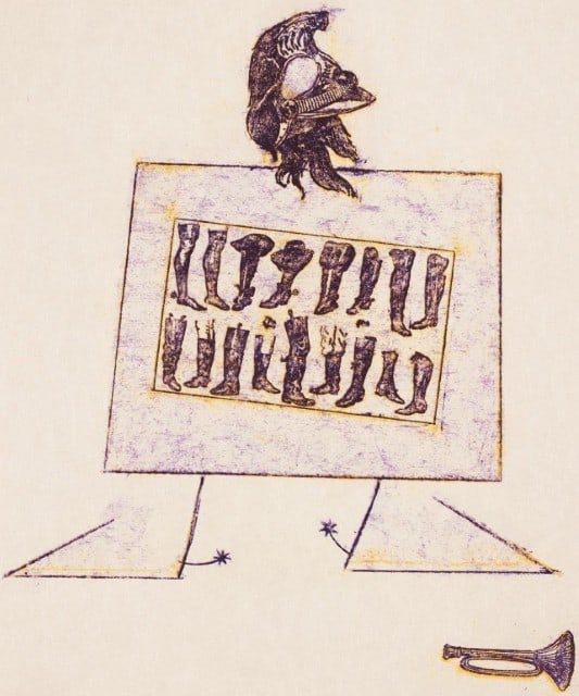 Max Ernst, Composition (Spies/Leppien 218), La Ballade du Soldat, Limited Edition Lithograph: Lithograph on vélin d'Arches paper. Paper size: 21.875 x 15 inches. Excellent condition. Unsigned and unnumbered, as issued. Notes: From the folio, La Ballade du Soldat, 34 Lithographies Original