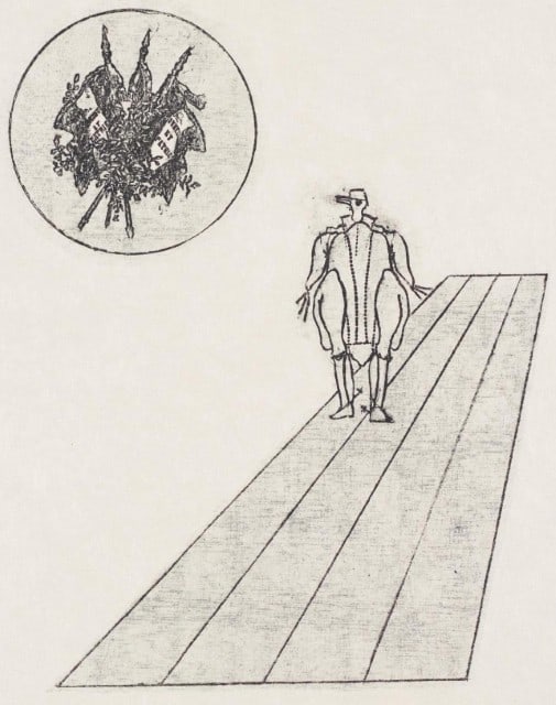 Max Ernst, Composition (Spies/Leppien 218), La Ballade du Soldat, Limited Edition Lithograph: Lithograph on vélin d'Arches paper. Paper size: 21.875 x 15 inches. Excellent condition. Unsigned and unnumbered, as issued. Notes: From the folio, La Ballade du Soldat, 34 Lithographies Original