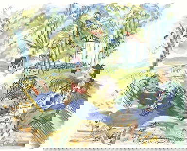Raoul Dufy, Dans le jardin de Montsaun&#232;s, Vacances forc&#233;es: Lithograph on papier bouffant des Papeteries de Casteljoux paper. Paper Size: 12 x 9.25 inches. Excellent condition. Unsigned and unnumbered, as issued. Notes: From the folio, Vacances forc&#233;es 19