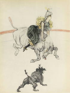 Henri de Toulouse-Lautrec, Dans les coulisses, The Circus by Toulouse-Lautrec, Limited Edition: Lithograph on vélin paper. Unsigned and unnumbered. Paper Size: 12.125 x 9.25 inches. Excellent condition. Notes: From the album, The Circus by Toulouse-Lautrec, 1952. Published the Paris Book Ce