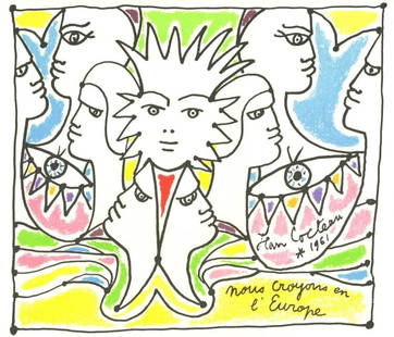 Jean Cocteau, Composition, Nous croyons en l'Europe, Limited Edition Silkscreen: Silkscreen on vélin papier Ingres de chez Arjomari-Prioux paper. Paper size: 12.99 x 17.32 inches. Excellent condition. Inscription: signed in the plate and unnumbered, as issued. Notes: from