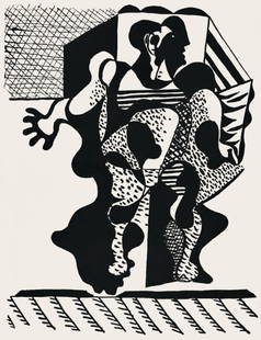 Pablo Picasso, Composition (Monod 10485), Hélène chez Archive de Illustrations de Pablo: Woodcut on vélin Montval laid paper. Paper Size: 17.3125 x 13.8125 inches. Excellent condition. Inscription: Unsigned and unnumbered, as issued. Notes: From the album, Hélène chez