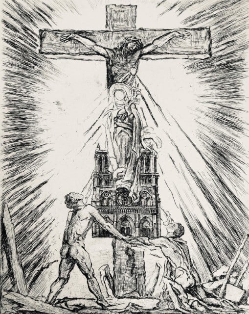George Desvallières, Crucifix de Notre Dame, A La gloire à Paris, Limited Edition Etching: Etching on vélin Canson et Montgolfier paper. Unsigned and unnumbered. Paper Size: 13.5 x 10.5 inches. Excellent condition. Notes: From the folio, A La gloire à Paris, 1937. Published by L'I