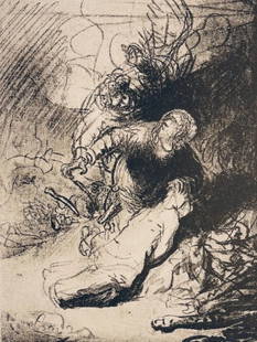 Rembrandt van Rijn, Abraham About to Sacrifice Isaac, Drawings from the Bible, Limited Edition: Collotype on Hamilton Kilmory paper. Unsigned and unnumbered, as issued. Paper Size: 12.5 x 9.5 inches. Excellent condition. Notes: From the folio, Rembrandt, Drawings from the Bible, Thirty-two Collo