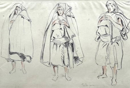 Eug&#232;ne Delacroix, Composition, Trente et un Dessins et Aquarelles du Maroc, Limited Edition: Lithograph and stencil on fine v&#233;lin paper, mounted on archival mat-board, as issued. Mat-board size: 14.674 x 19.56 inches. Excellent condition. Unsigned and unnumbered, as issued. Notes: From t