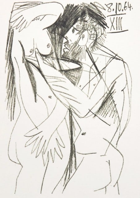 Pablo Picasso, Composition, Le Goût du Bonheur (Cramer 148; Bloch 2013), Limited Edition Mixed: Lithograph and silkscreen with grease crayon, lithographic tusche, lead pencil, and charcoal on vélin d'Arches paper. Paper Size: 13 x 9.75 inches. Excellent condition. Inscription: Unsigned and