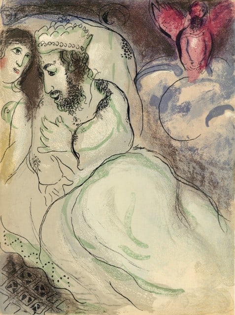 Marc Chagall, Sarah and Abimelech (Mourlot 117-46; Cramer 25), Drawings from the Bible, Verve:: Lithograph on vélin des Papeteries du Marais paper. Unsigned and unnumbered. Paper Size: 14 x 10.5 inches. Excellent condition. Notes: From the volume, Drawings from the Bible by Marc Chagall, Ve