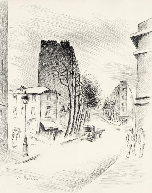 Maurice Asselin, Belleville a vol d'âme, A La gloire à Paris, Limited Edition Etching: Etching on vélin Canson et Montgolfier paper. Unsigned and unnumbered. Paper Size: 13.5 x 10.5 inches. Excellent condition. Notes: From the folio, A La gloire à Paris, 1937. Published by L'I