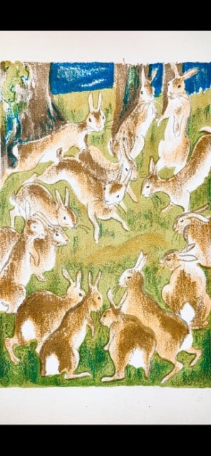 Maurice Mourlot, Composition, de Goupil a Margot, Histoires De Bêtes, Limited Edition: Lithograph in colors on Grand Vélin Blanc paper. Unsigned and unnumbered, as issued. Paper size: 9.055 x 6.69 inches. Excellent condition. Notes: From the volume, de Goupil a Margot, Histoires De