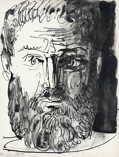 Pablo Picasso, Homme barbu, de face, trait et lavis (Cramer No. 84), 40 dessins de Picasso en marge: Lithograph on vélin du Marais paper. Paper Size: 14.5 x 11 inches. Excellent condition. Inscription: Unsigned and unnumbered, as issued. Notes: From the folio, 40 dessins de Picasso en marge du B
