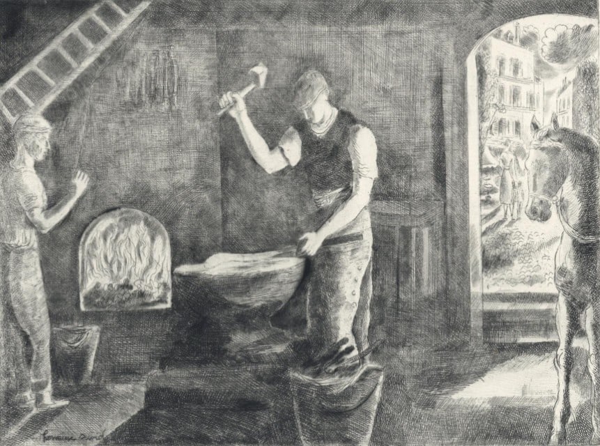 Hermine David, Composition, Alternance, Limited Edition Etching: Etching on vélin pur chiffon de Rives paper. Unsigned and unnumbered. Paper Size: 9.875 x 12.875 inches. Excellent condition. Notes: From the folio, Alternance, 1946. Published by Le Gerbier, Par