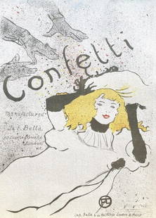 Henri de Toulouse-Lautrec, Confetti, TLautrec, Philadelphia Museum of Art, Limited Edition: Lithograph and stencil on v&#233;lin paper. Unsigned and unnumbered. Paper Size: 17 x 13 inches. Excellent condition. Notes: From the folio, TLautrec, A Portfolio Of Twelve Reproductions of Lithograph
