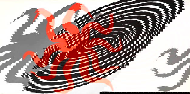 Alexander Calder, Composition, Derrière le miroir, Limited Edition Lithograph: Lithograph on v&#233;lin paper. Paper Size: 10.75 x 22 inches. Excellent condition, with centerfold, as issued. Inscription: Unsigned and unnumbered, as issued. Notes: From the volume, Calder Autobiog