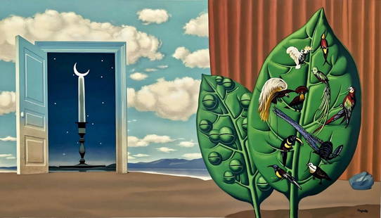 René Magritte, Une Porte s'ouvre sur la Nuit Veloutée, Les Enfants Trouvés de: Lithograph in colors on grand velin d'Arches paper. Paper Size: 17.5 x 23.5 inches. Inscription: Signed in the plate by the artist; hand signed in pencil by the printer, Fernand Mourlot, as issued. No