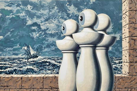 René Magritte, La Traversée Difficile, Les Enfants Trouvés de Magritte, Limited: Lithograph in colors on grand velin d'Arches paper. Paper Size: 17.5 x 23.5 inches. Inscription: Signed in the plate by the artist; hand signed in pencil by the printer, Fernand Mourlot, as issued. No