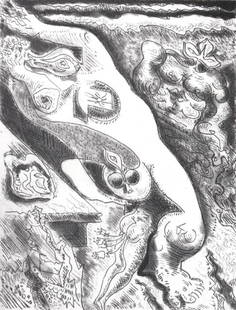 André Masson, Composition (Cramer 99), Le Septieme Chant, Limited Edition Engraving: Engraving on v&#233;lin d'Arches paper. Paper size: 14.75 x 11.125 inches. Excellent condition. Inscription: unsigned and unnumbered, as issued. Notes: From the folio, Le septi&#232;me chant, la mort