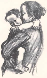 Käthe Kollwitz, Boy with Arms around Mother’s Neck (Mutter mit Jungen, seine Arme um: Lithograph on v&#233;lin paper. Paper size: 19 x 16 inches. Excellent condition, with centerfold, as issued. Unsigned and unnumbered, as issued. Notes: From the folio, K&#228;the Kollwitz, Ten Lithogr
