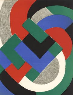 Sonia Delaunay, Composition, XXe siècle, Limited Edition Lithograph: Lithograph on vélin paper. Paper Size: 12.5 x 9.75 inches. Excellent condition. Inscription: Unsigned and unnumbered, as issued. Notes: From the volume, XXe Siècle, n°32, 1969. Publishe