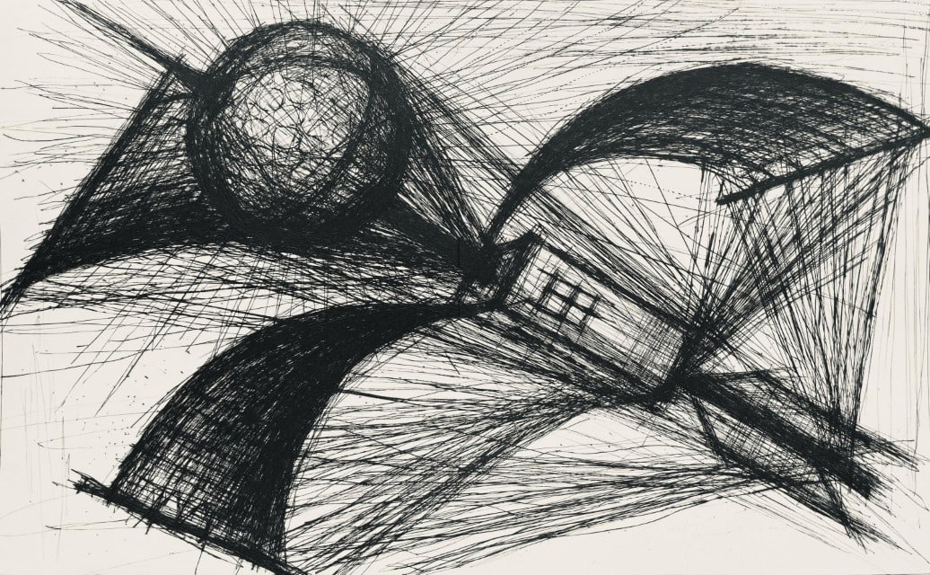 Bernard Buffet, Composition (Reinz 208-222), Voyages Fantastiques, Limited Edition Etching: Drypoint etching on papier de Rives B.F.K. pur fil paper. Paper size: 16.125 x 25.75 inches. Excellent condition, with centerfold, as issued. Unsigned and unnumbered, as issued. Notes: From the folio,