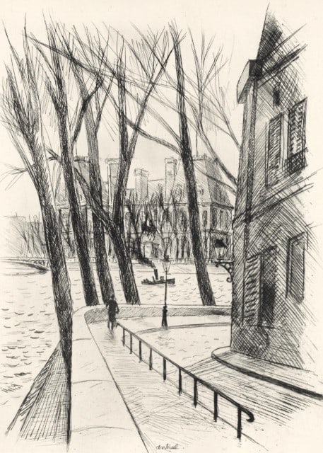 Robert Louis Antral, L'Hôtel de Ville, A La gloire à Paris, Limited Edition Etching: Etching on vélin Canson et Montgolfier paper. Unsigned and unnumbered. Paper Size: 13.5 x 10.5 inches. Excellent condition. Notes: From the folio, A La gloire à Paris, 1937. Published by L'I