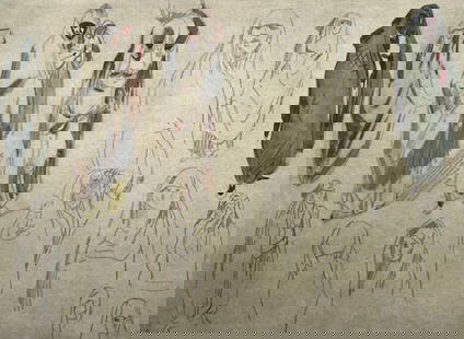 Eugène Delacroix, Composition, Trente et un Dessins et Aquarelles du Maroc, Limited Edition: Lithograph and stencil on fine v&#233;lin paper, mounted on archival mat-board, as issued. Mat-board size: 14.674 x 19.56 inches. Excellent condition. Unsigned and unnumbered, as issued. Notes: From t