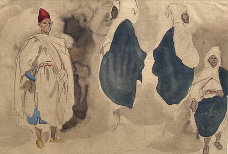Eugène Delacroix, Composition, Trente et un Dessins et Aquarelles du Maroc, Limited Edition: Lithograph and stencil on fine v&#233;lin paper, mounted on archival mat-board, as issued. Mat-board size: 14.674 x 19.56 inches. Excellent condition. Unsigned and unnumbered, as issued. Notes: From t