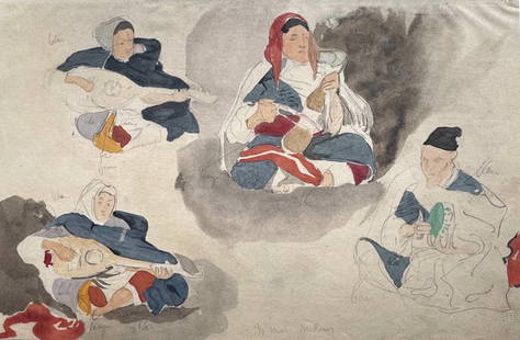 Eugène Delacroix, Composition, Trente et un Dessins et Aquarelles du Maroc, Limited Edition: Lithograph and stencil on fine v&#233;lin paper, mounted on archival mat-board, as issued. Mat-board size: 14.674 x 19.56 inches. Excellent condition. Unsigned and unnumbered, as issued. Notes: From t
