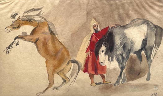 Eugène Delacroix, Composition, Trente et un Dessins et Aquarelles du Maroc, Limited Edition: Lithograph and stencil on fine v&#233;lin paper, mounted on archival mat-board, as issued. Mat-board size: 14.674 x 19.56 inches. Excellent condition. Unsigned and unnumbered, as issued. Notes: From t