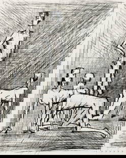 Bernard Buffet, Composition (Reinz 208-222), Voyages Fantastiques, Limited Edition Etching: Drypoint etching on papier de Rives B.F.K. pur fil paper. Paper size: 16.125 x 12.875 inches. Excellent condition. Unsigned and unnumbered, as issued. Notes: From the folio, Voyages fantastiques aux &