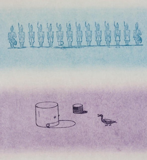 Max Ernst, Composition (Spies/Leppien 218), La Ballade du Soldat, Limited Edition Lithograph: Lithograph on vélin d'Arches paper. Paper size: 21.875 x 15 inches. Excellent condition. Unsigned and unnumbered, as issued. Notes: From the folio, La Ballade du Soldat, 34 Lithographies Original