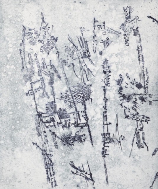 Camille Bryen, Composition, Feuilles éparses, Limited Edition Etching: Etching on vélin cuve de Rives paper. Paper size: 9.65 x 7.87 inches. Excellent condition. Inscription: Unsigned and unnumbered, as issued. Notes: From the folio, Feuilles éparses, 1965. Pub