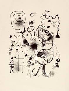 Joan Miró, Composition, The Prints of Joan Miro, Limited Edition Etching: Etching on v&#233;lin paper. Inscription: Unsigned and unnumbered, as issued. Paper Size: 11 x 8.5 inches. Excellent condition. Notes: From the folio, The Prints of Joan Miro, Fall, 1947. Published by