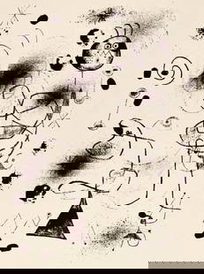 Joan Miró, Composition, The Prints of Joan Miro, Limited Edition Etching: Etching on v&#233;lin paper. Inscription: Unsigned and unnumbered, as issued. Paper Size: 11 x 8.5 inches. Excellent condition. Notes: From the folio, The Prints of Joan Miro, Fall, 1947. Published by