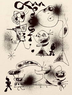 Joan Miró, Composition, The Prints of Joan Miro, Limited Edition Etching: Etching on v&#233;lin paper. Inscription: Unsigned and unnumbered, as issued. Paper Size: 11 x 8.5 inches. Excellent condition. Notes: From the folio, The Prints of Joan Miro, Fall, 1947. Published by
