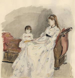Berthe Morisot, Jeune Femme et Enfant sur un canapé (Mme Pontillon et sa fille), Berthe Morisot: Lithograph and stencil on v&#233;lin du Marais paper. Paper Size: 15 x 11 inches. Excellent condition. Inscription: Unsigned and unnumbered, as issued. Notes: From the folio, Berthe Morisot Seize Aqua