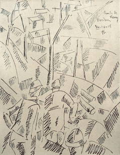 Fernand Léger, Sur La Route De Fleury: Sapeurs Au Travail, Fernand Léger, Dessins de: Lithograph and stencil on v&#233;lin paper. Paper size: 10.25 x 7.5 inches. Excellent condition. Unsigned and unnumbered, as issued. Notes: From the folio, Fernand L&#233;ger: Dessins de Guerre, 1956.