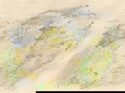 Berthe Morisot, Montagne du Château à Nice vu de Cimièse, Berthe Morisot Seize: Lithograph and stencil on v&#233;lin du Marais paper. Paper Size: 11 x 15 inches. Excellent condition. Inscription: Unsigned and unnumbered, as issued. Notes: From the folio, Berthe Morisot Seize Aqua