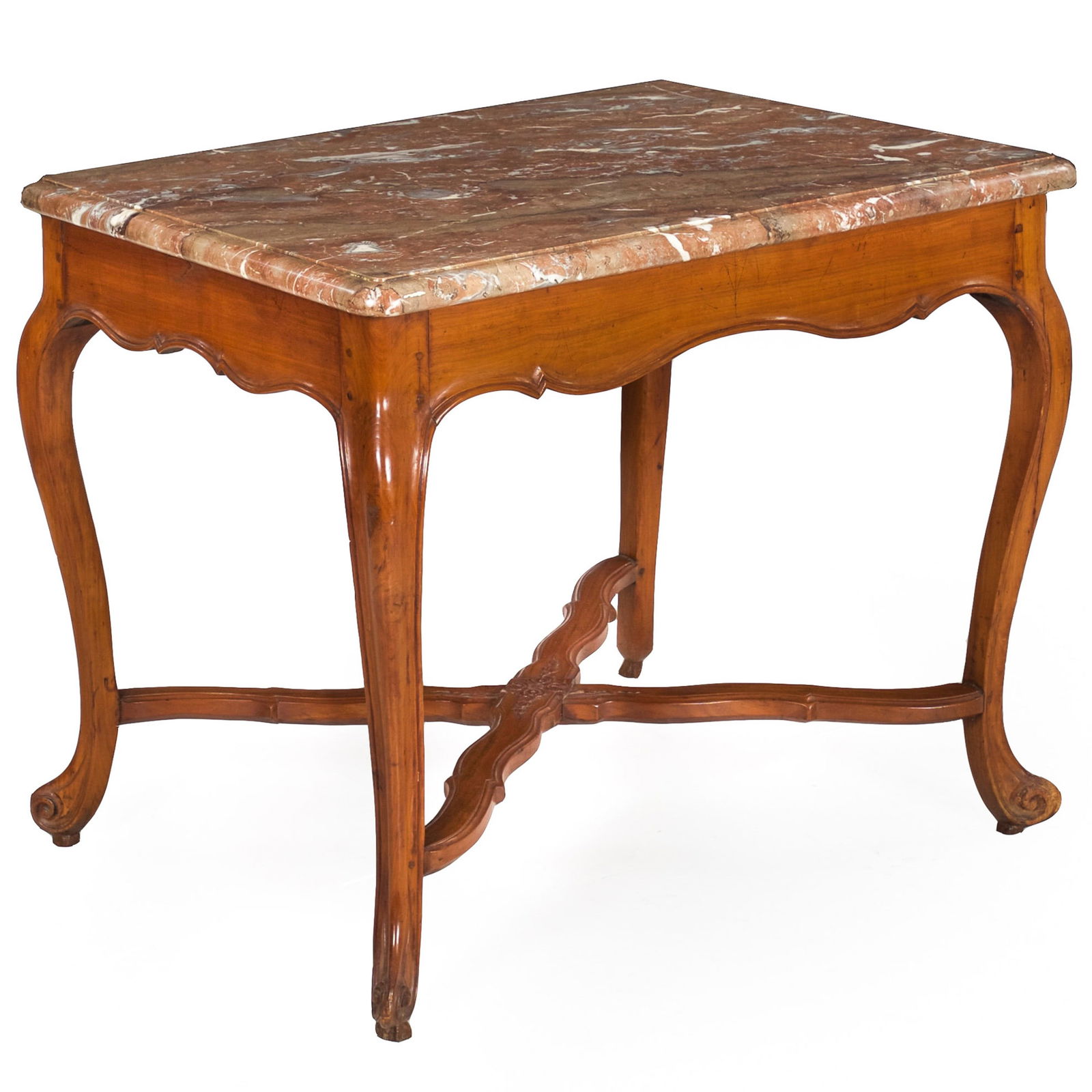 French Carved Louis XV Antique Cherrywood Center Table with Marble Top: France, probably late 18th centuryA fine console table characterized by a veined rose-and-beige thumb-molded marble top projecting over an undulating "Cupid's Bow" apron locked with pegged tenon-morti